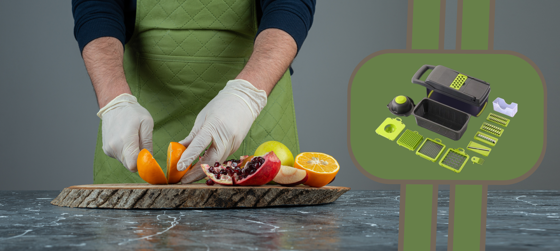 Person preparing fruits on a cutting board with a green apron and gloves, inset showing kitchen tools.