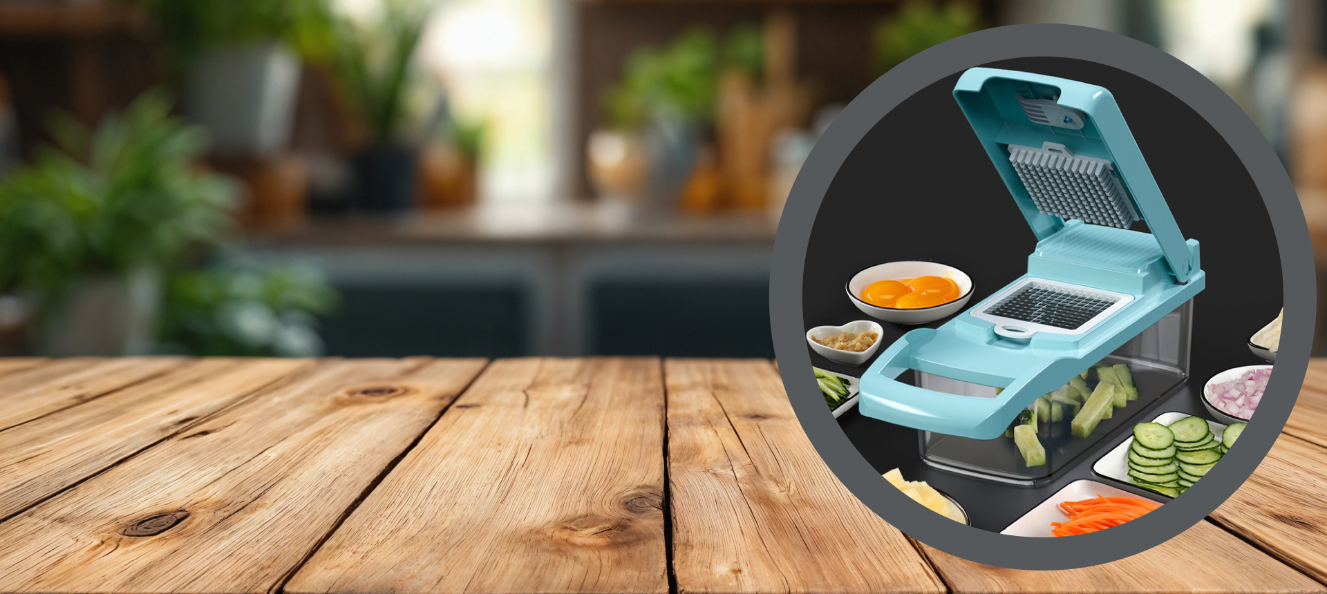 Vegetable chopper on a wooden table with blurred kitchen background